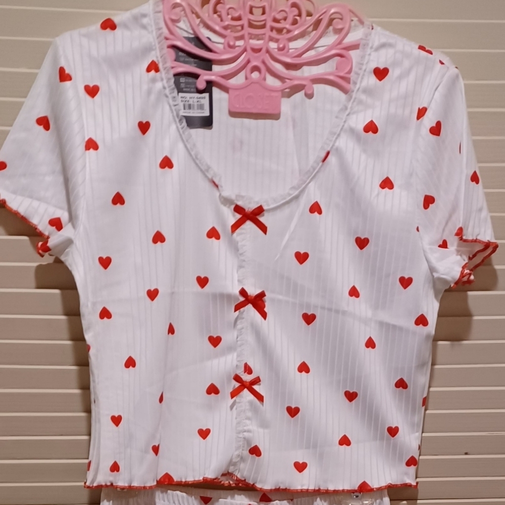 White and Red Heart Pajama Top And Bottoms